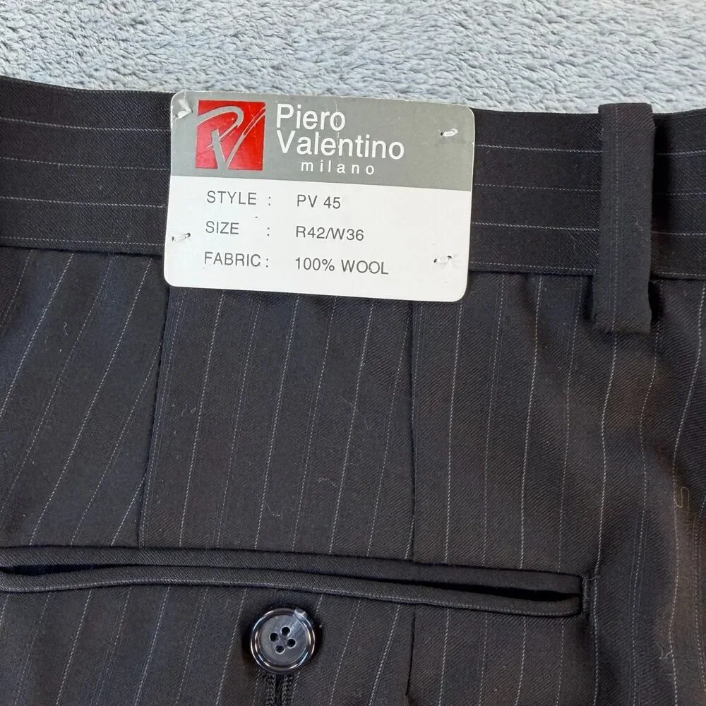 Piero Valentino Milano Mens Wool Dress Pants W36 Black Pinstripe Unhemmed NWT